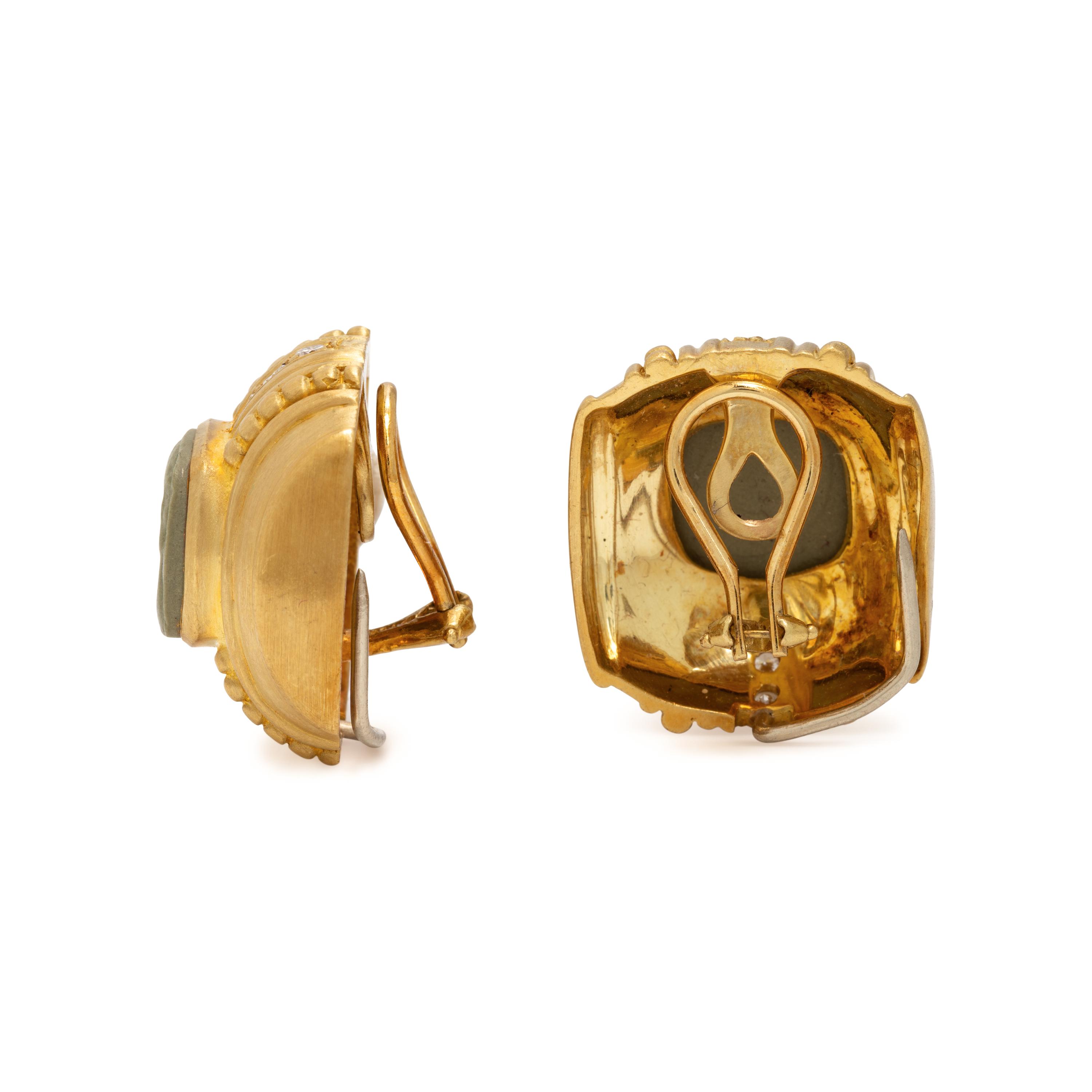 Judith Ripka, Lava Cameo, Diamond, and Yellow Gold Earrings