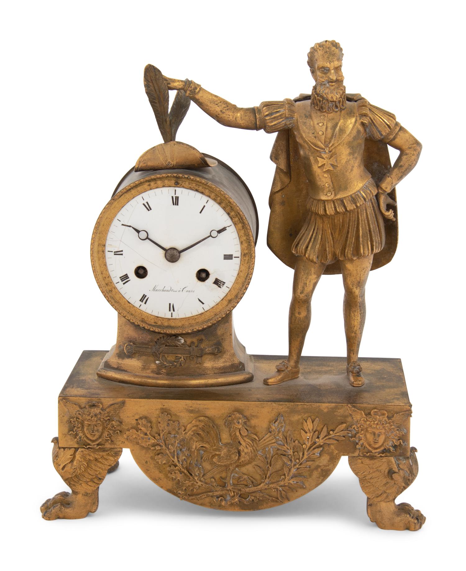 An Empire Style Gilt Bronze Figural Mantel Clock