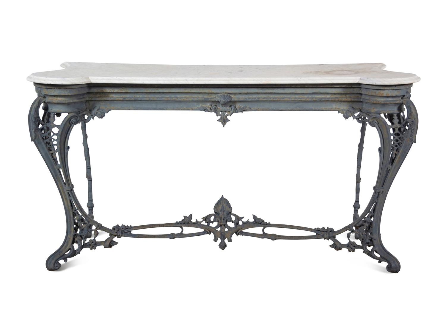 A Continental Patinated Cast Iron Marble-Top Console Table