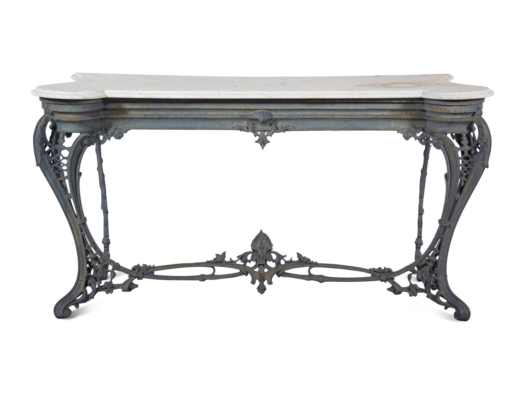 A Continental Patinated Cast Iron Marble-Top Console Table