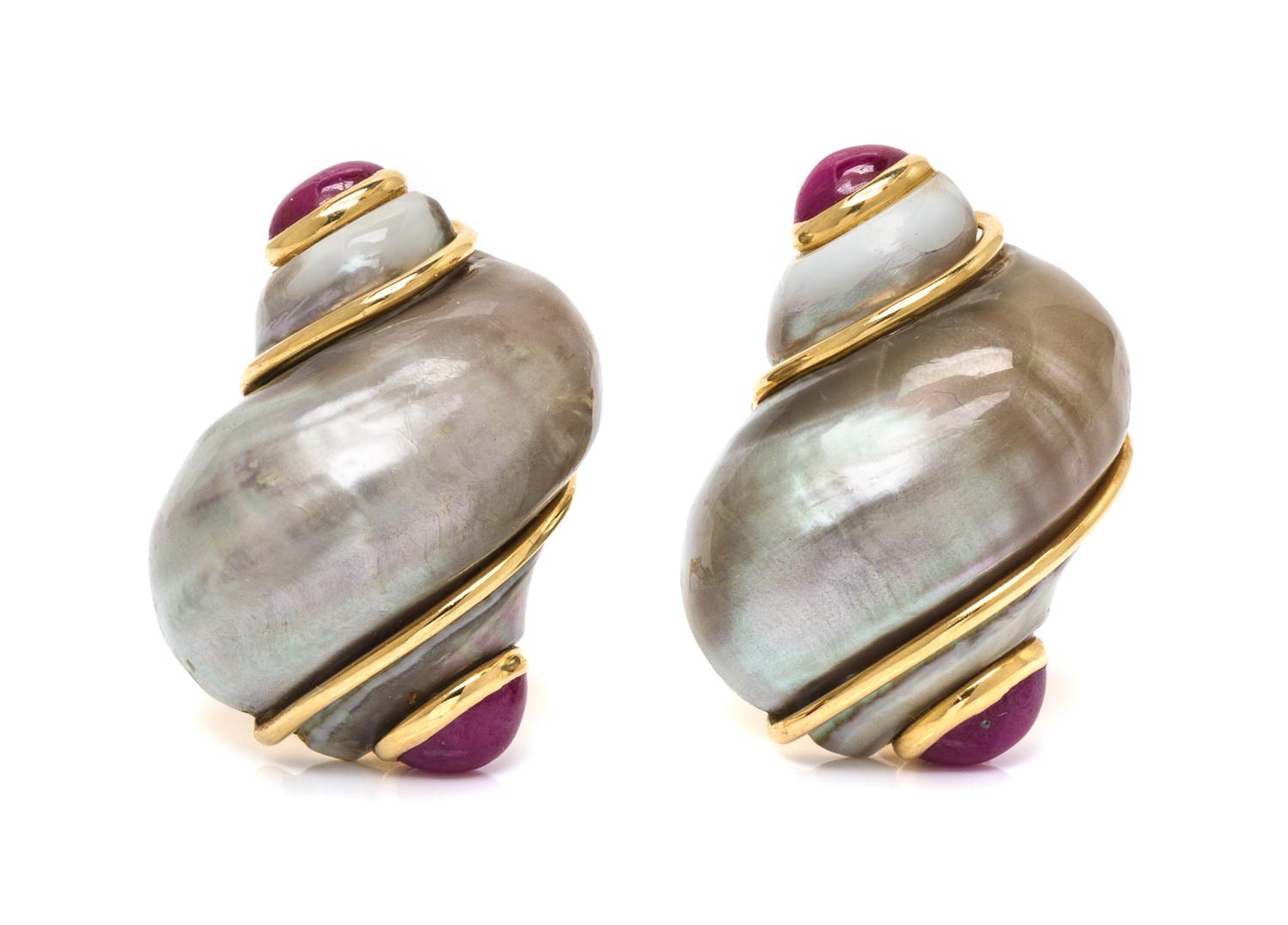 A Pair of Yellow Gold, Shell and Ruby Earclips, Seaman Schepps, 15.90 dwts.