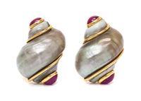 A Pair of Yellow Gold, Shell and Ruby Earclips, Seaman Schepps, 15.90 dwts.