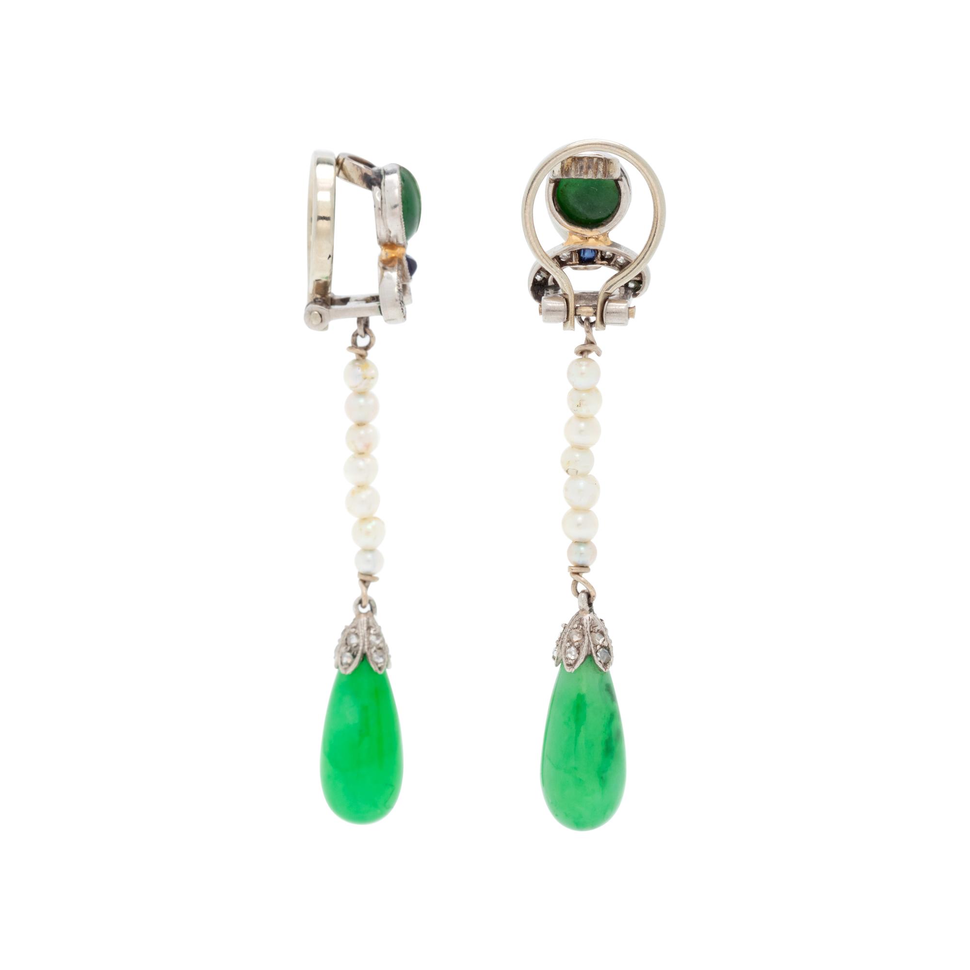 JADE, SEED PEARL AND DIAMOND EARCLIPS