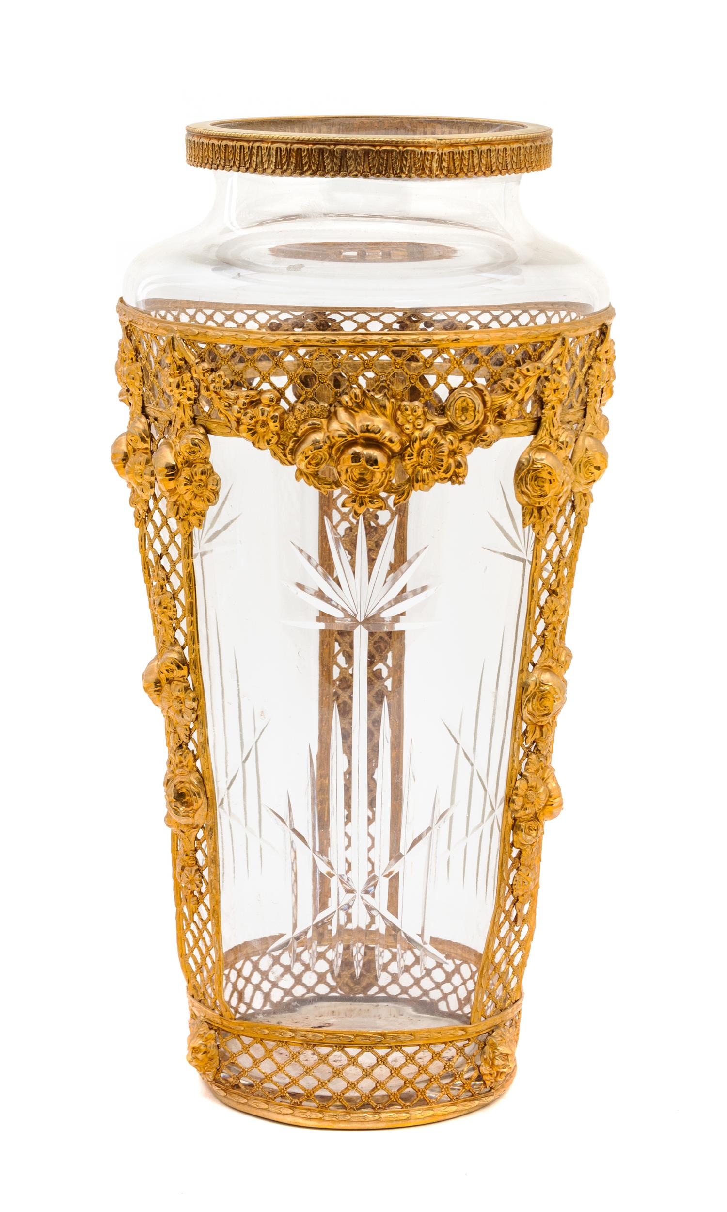 A French Empire Gilt Metal Mounted Cut Glass Vase Height 13 inches. — 19TH CENTURY