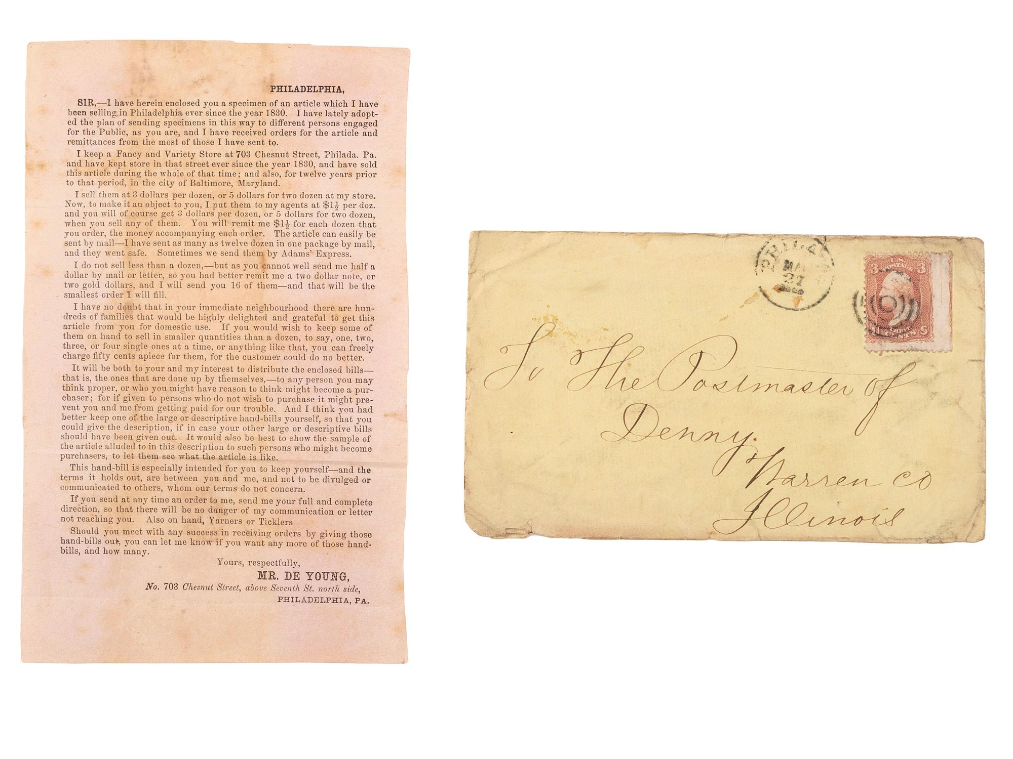 [CIVIL WAR -- 19TH CENTURY PROPHYLACTICS]. A salesman's sample "preventative" with accompanying handbills.