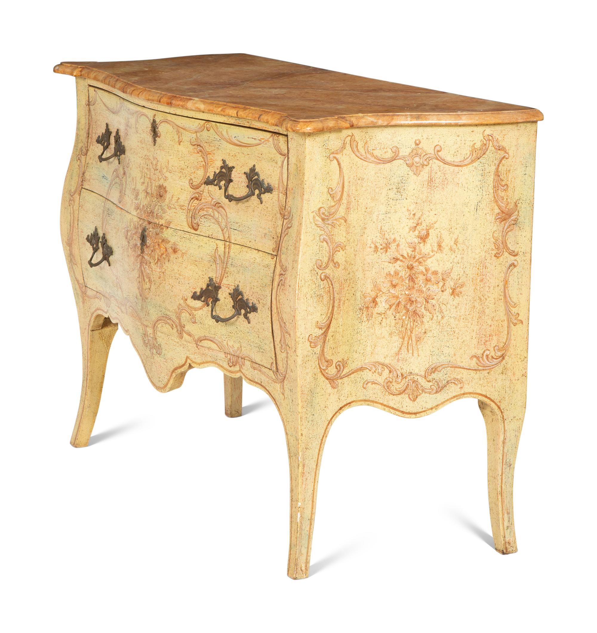A Venetian Style Painted Faux Marble-Top Bombé Commode