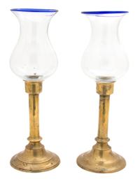 A Pair of American Brass Candlesticks with Blown Glass Hurricane Shades — 19TH CENTURY