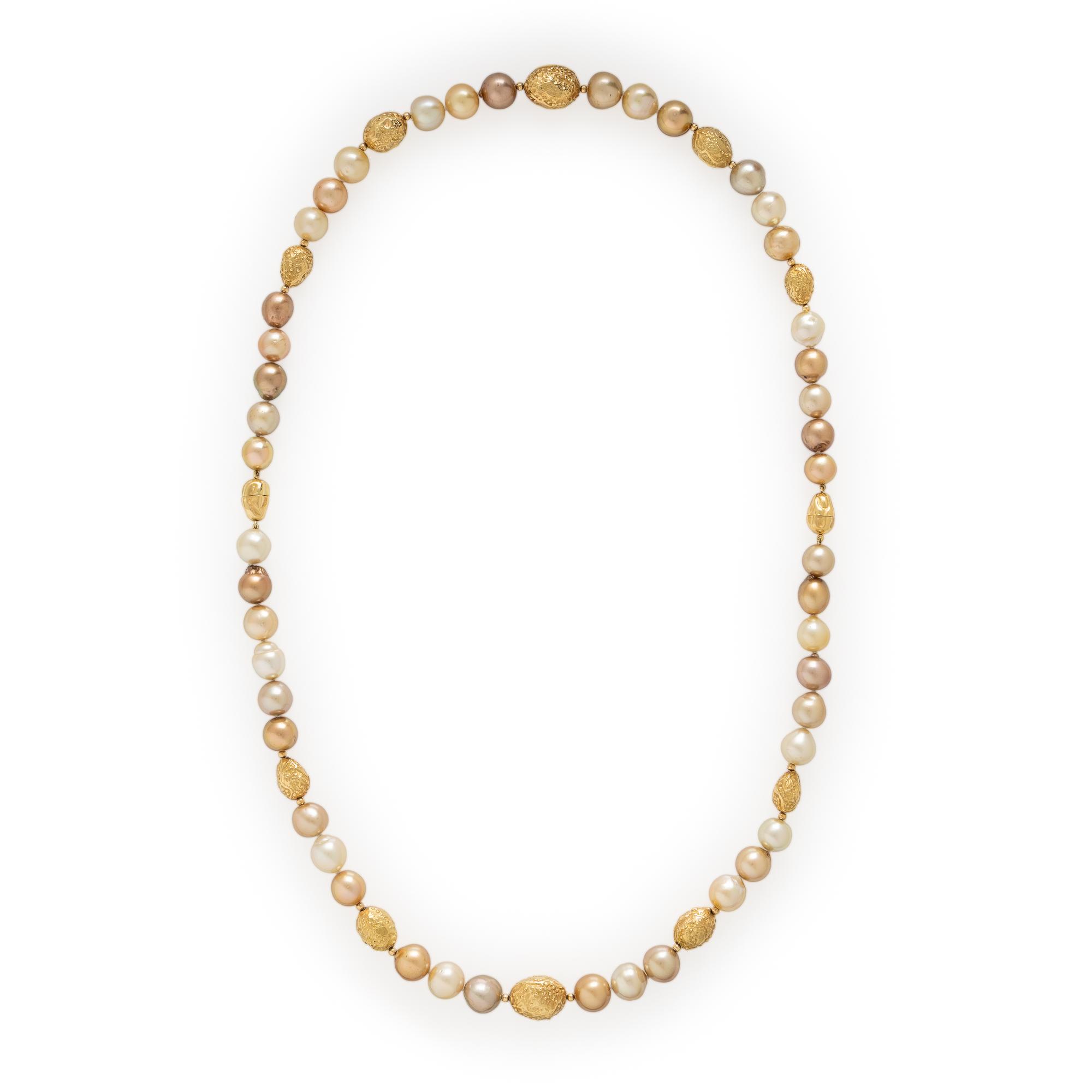 Yvel, Pair of Convertible Semi-Baroque Golden Cultured Pearl and Yellow Gold Necklaces