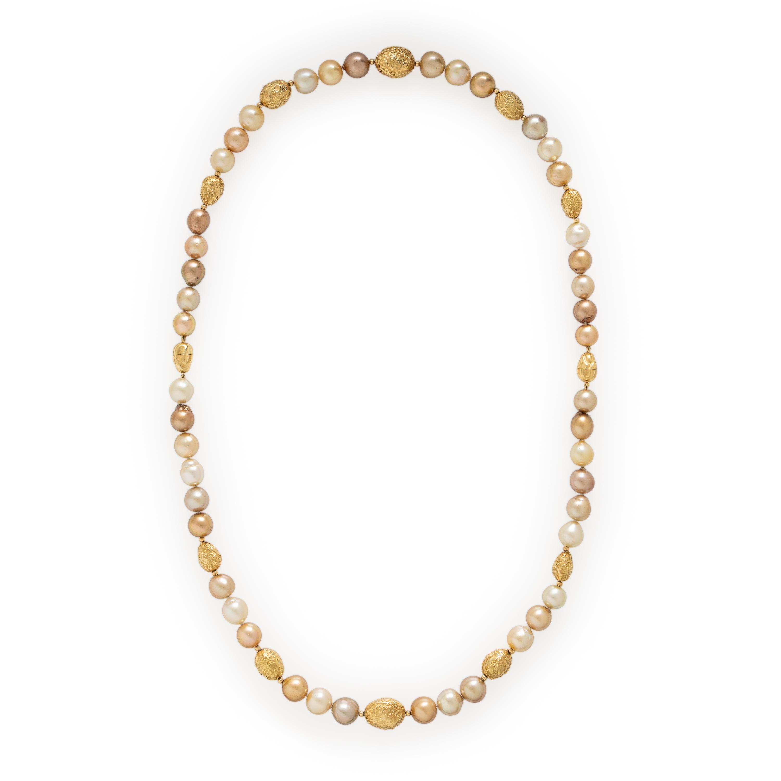 Yvel, Pair of Convertible Semi-Baroque Golden Cultured Pearl and Yellow Gold Necklaces