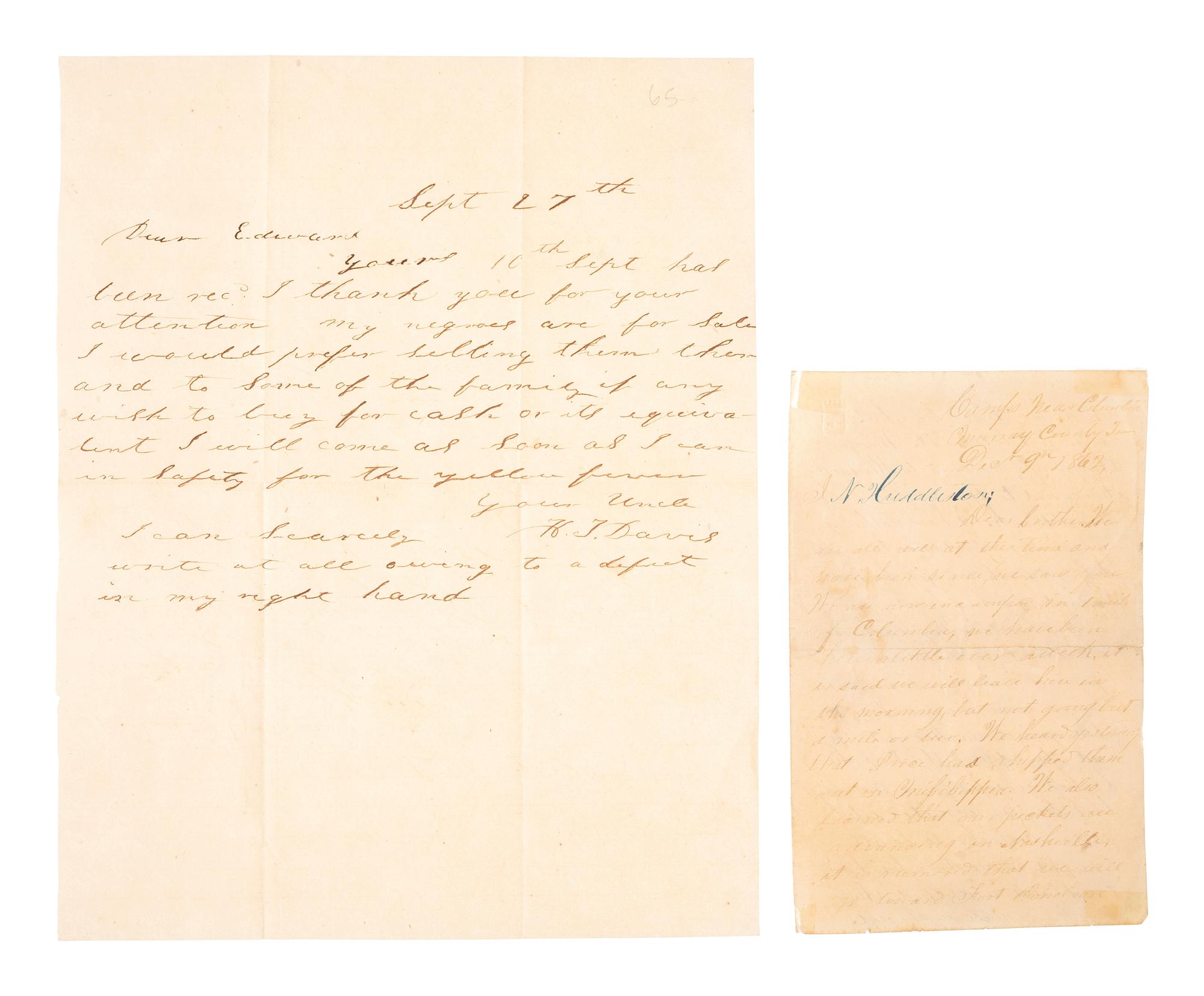 [CIVIL WAR]. Two letters from mentioning enslaved persons incl. a Confederate soldier's letter from the field. "Camps Near Columbia, Murray [sic] County Tenn," 9 December 1862.