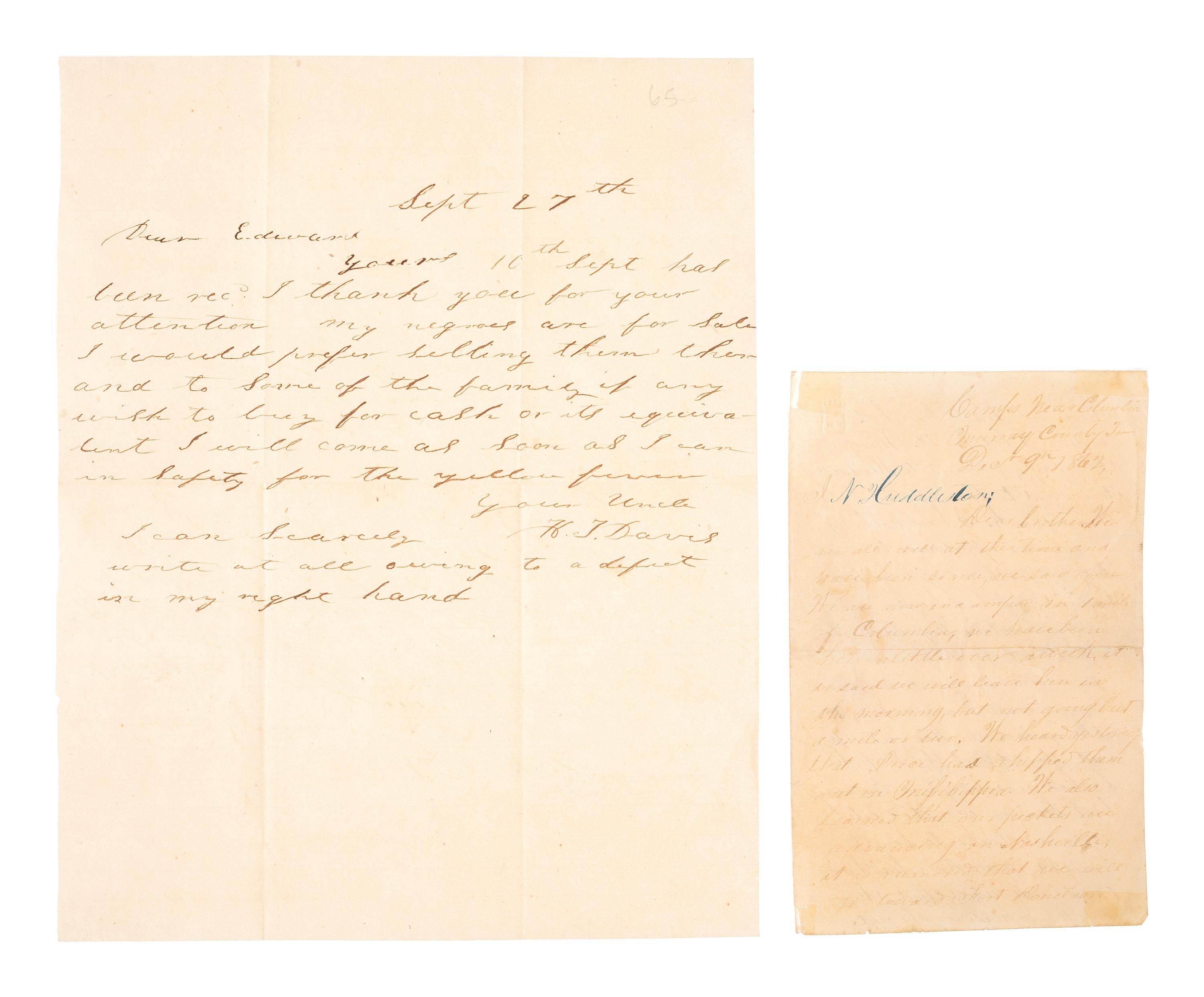 [CIVIL WAR]. Two letters from mentioning enslaved persons incl. a Confederate soldier's letter from the field. "Camps Near Columbia, Murray [sic] County Tenn," 9 December 1862.