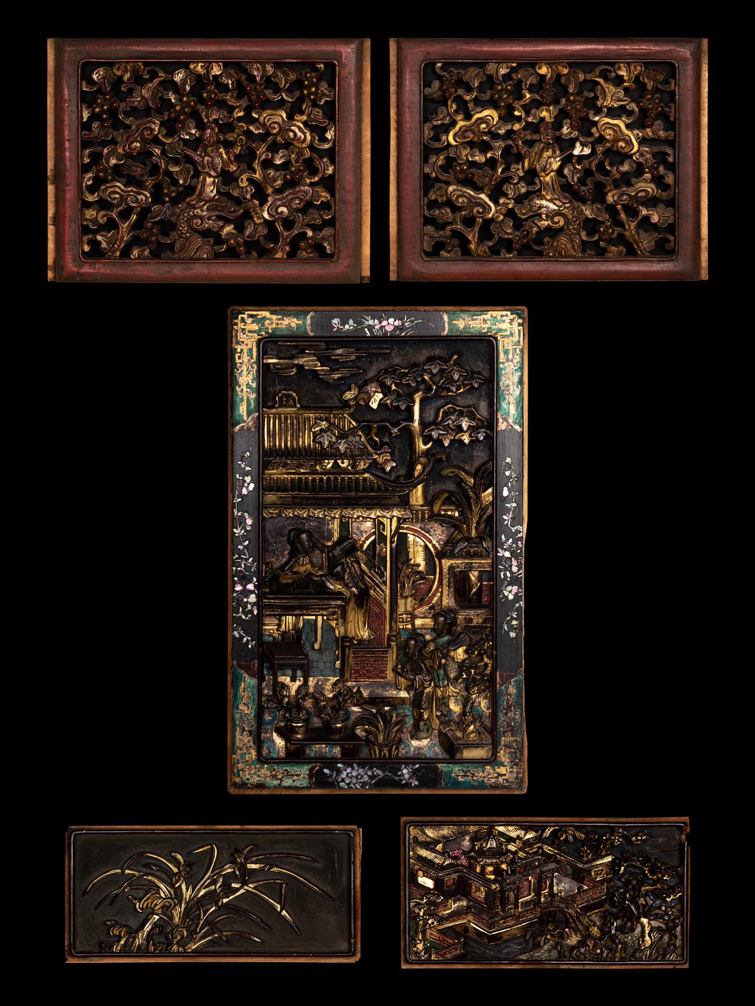 Five Chinese Gilt and Lacquered Carved Wood Panels