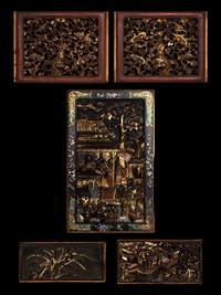 Five Chinese Gilt and Lacquered Carved Wood Panels