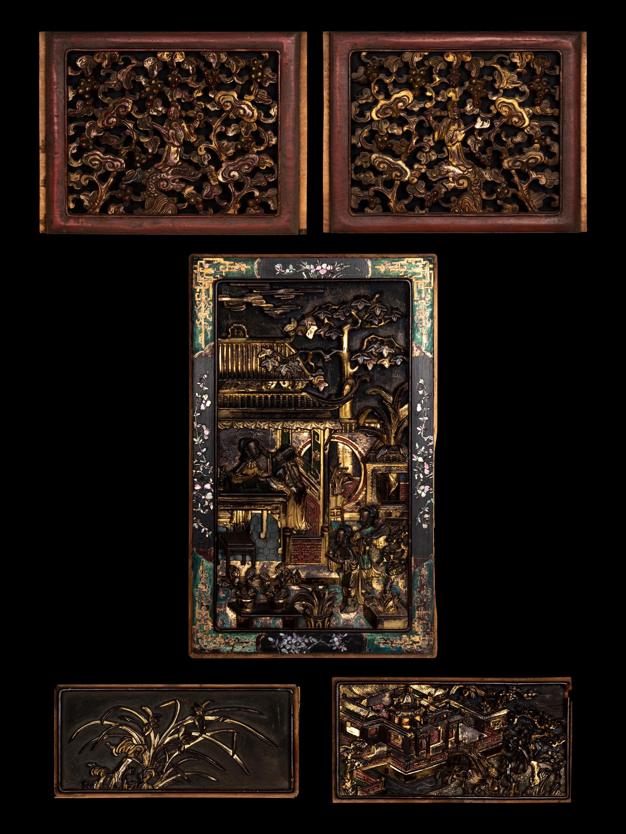 Five Chinese Gilt and Lacquered Carved Wood Panels