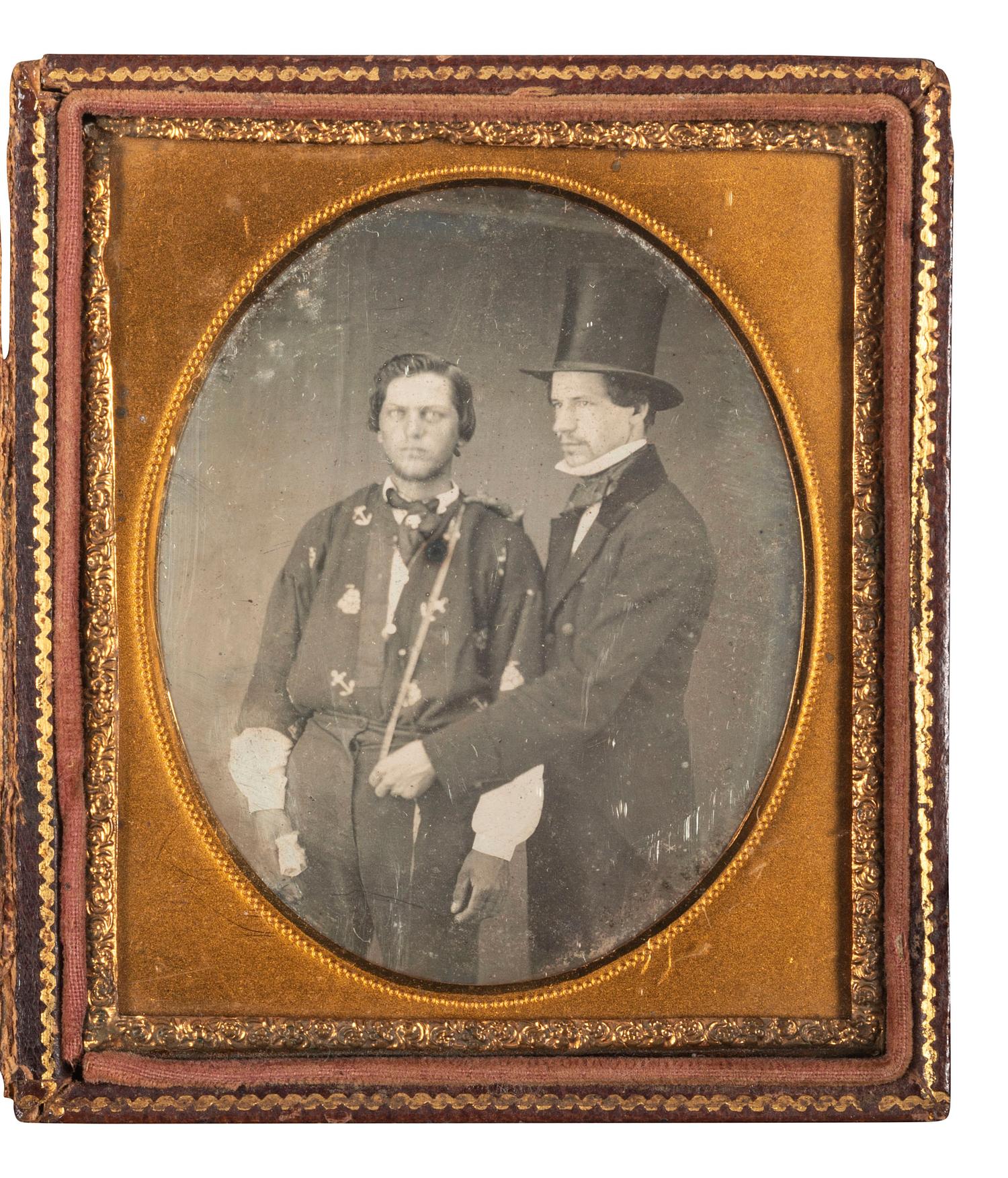 [EARLY PHOTOGRAPHY]. Sixth plate daguerreotype featuring a tailor fitting a sailor.