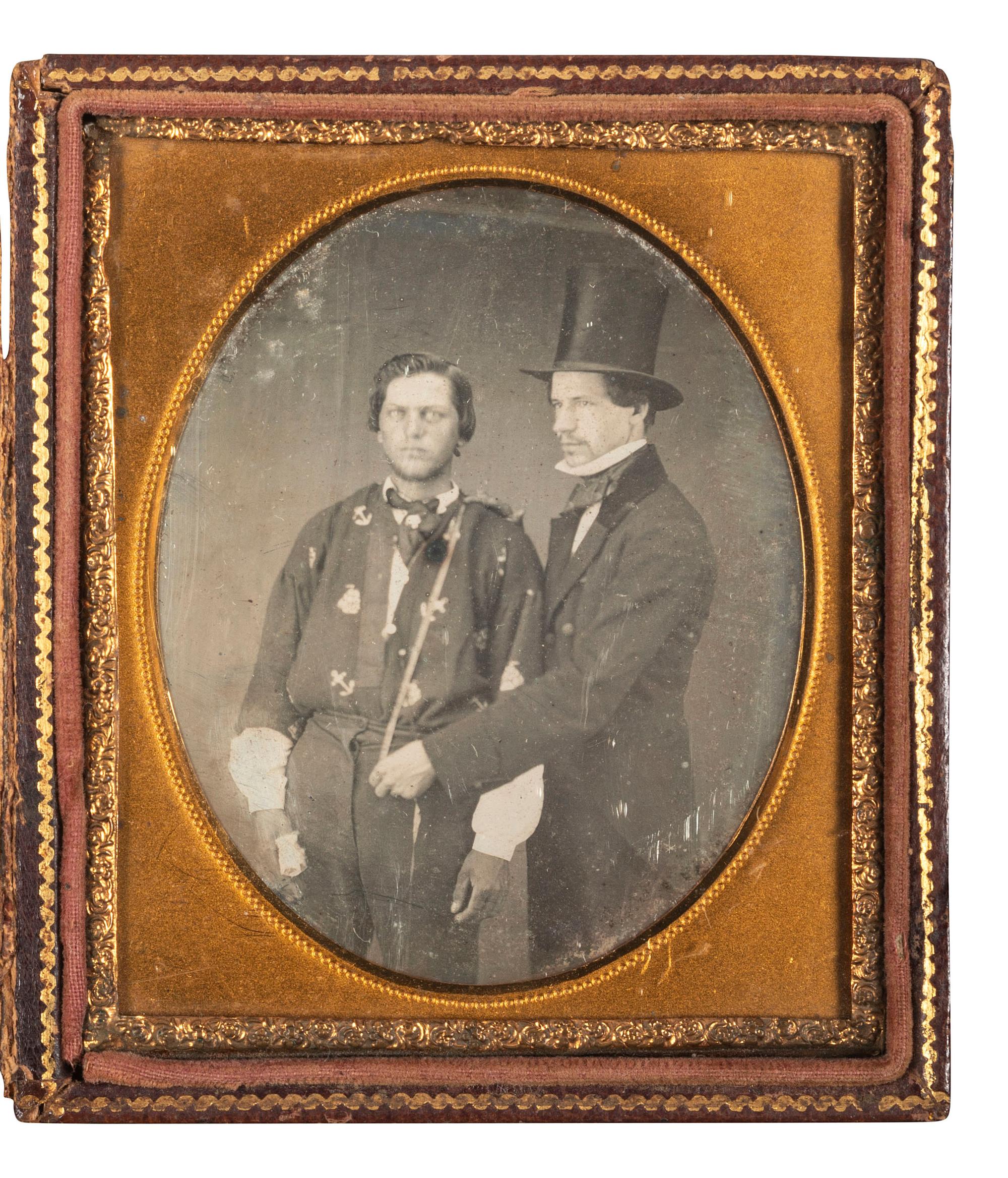[EARLY PHOTOGRAPHY]. Sixth plate daguerreotype featuring a tailor fitting a sailor.