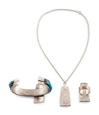 Silver and Cobblestone Inlay Cuff Bracelet, Pendant, AND Ring Suite