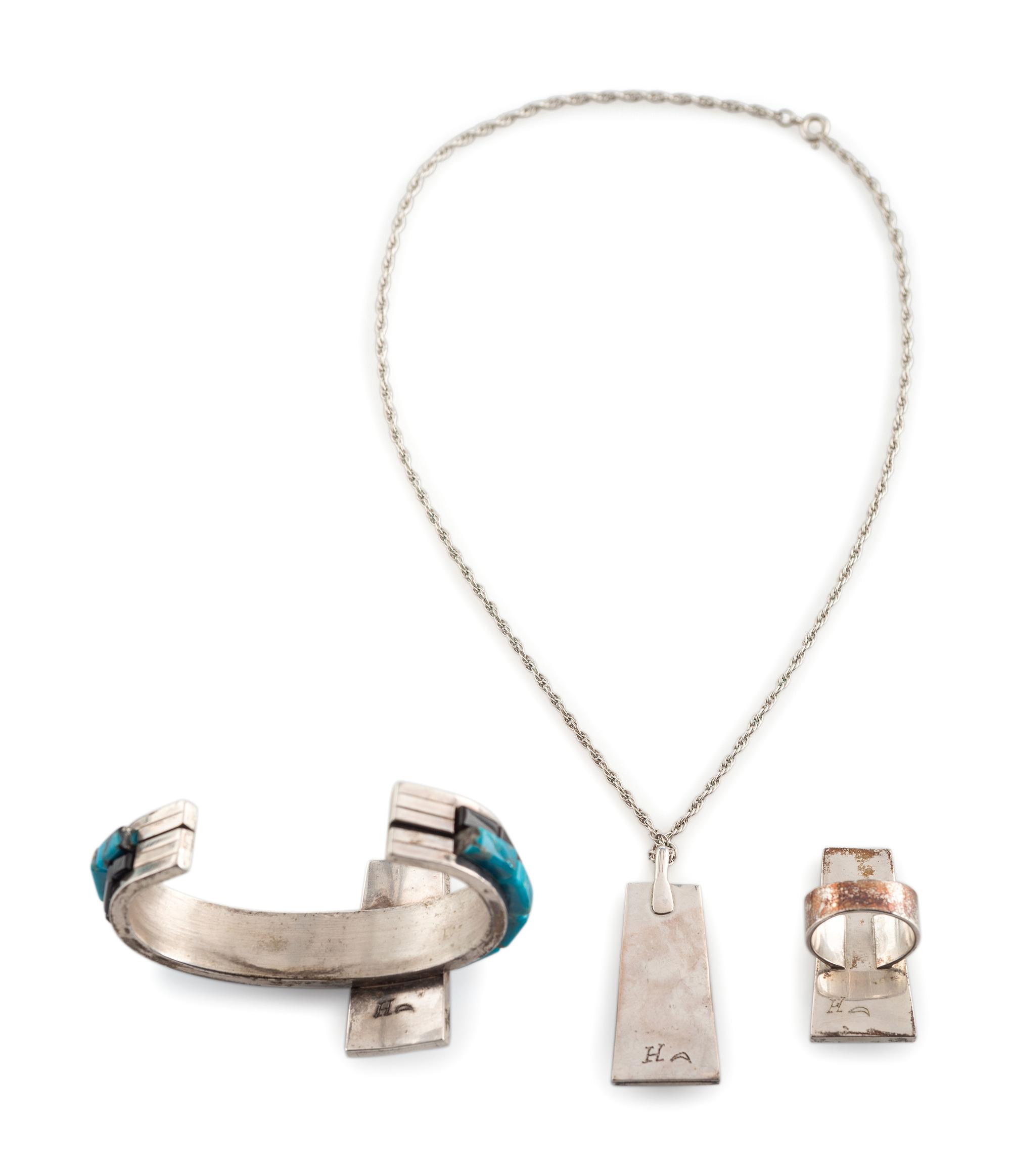 Silver and Cobblestone Inlay Cuff Bracelet, Pendant, AND Ring Suite