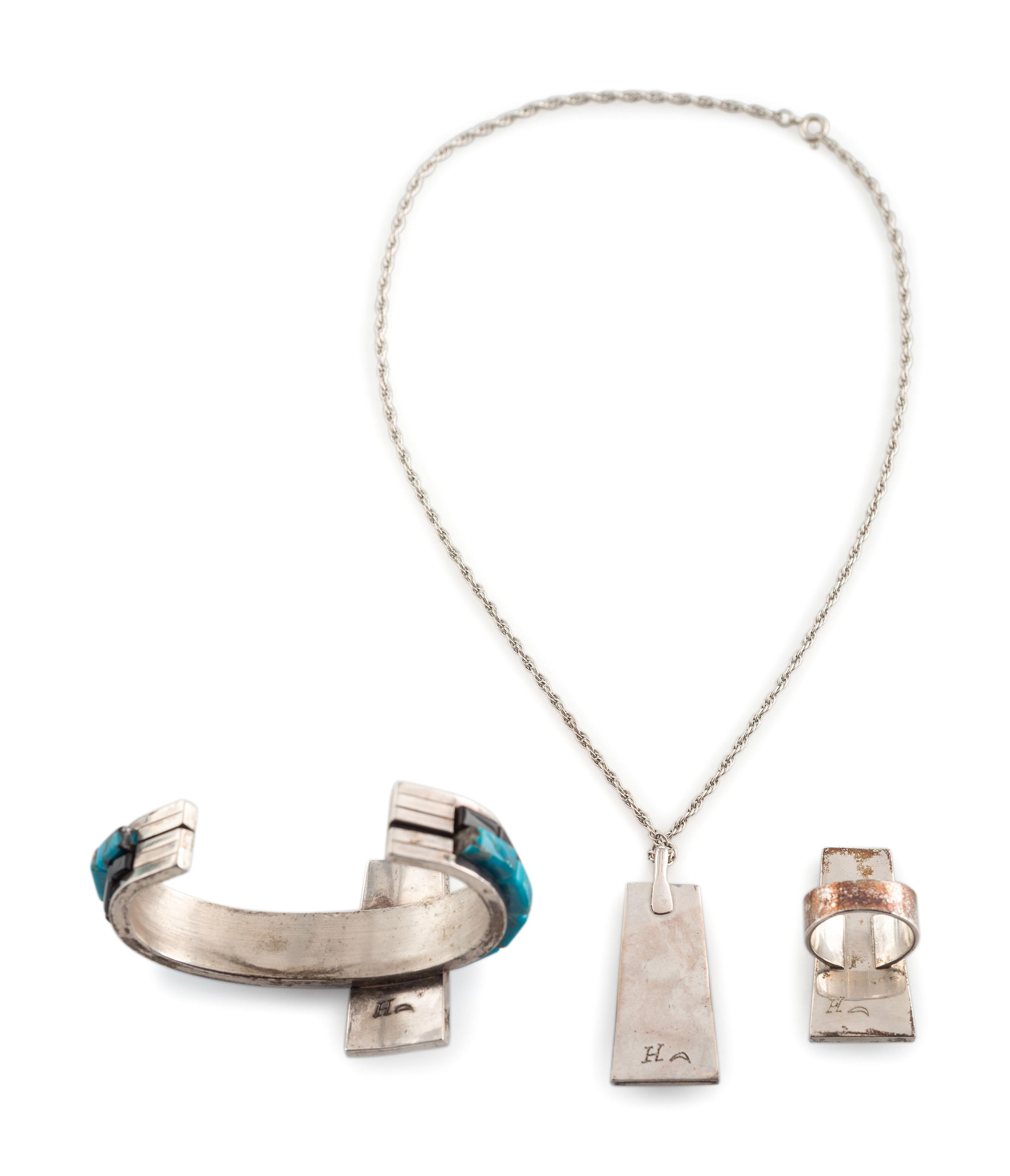 Silver and Cobblestone Inlay Cuff Bracelet, Pendant, AND Ring Suite