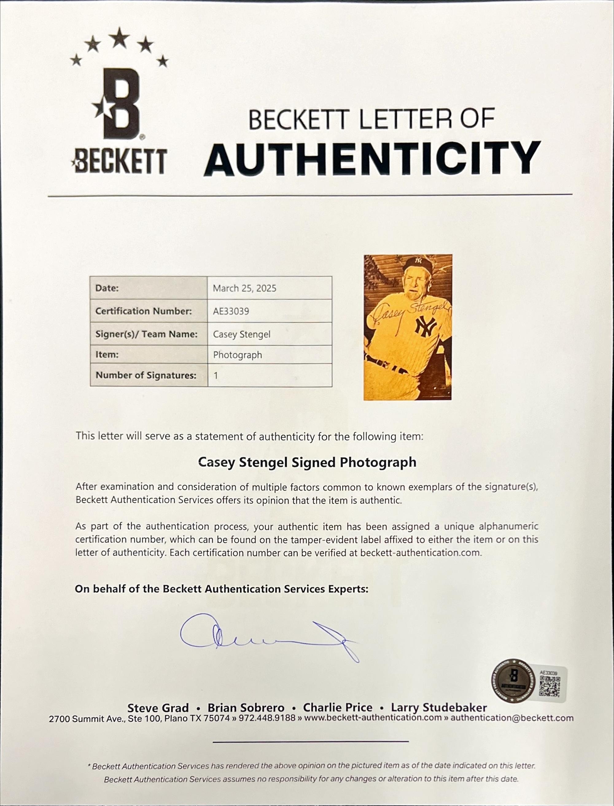 A Collection of Casey Stengel Signed Autographs (Beckett Authentication Services)