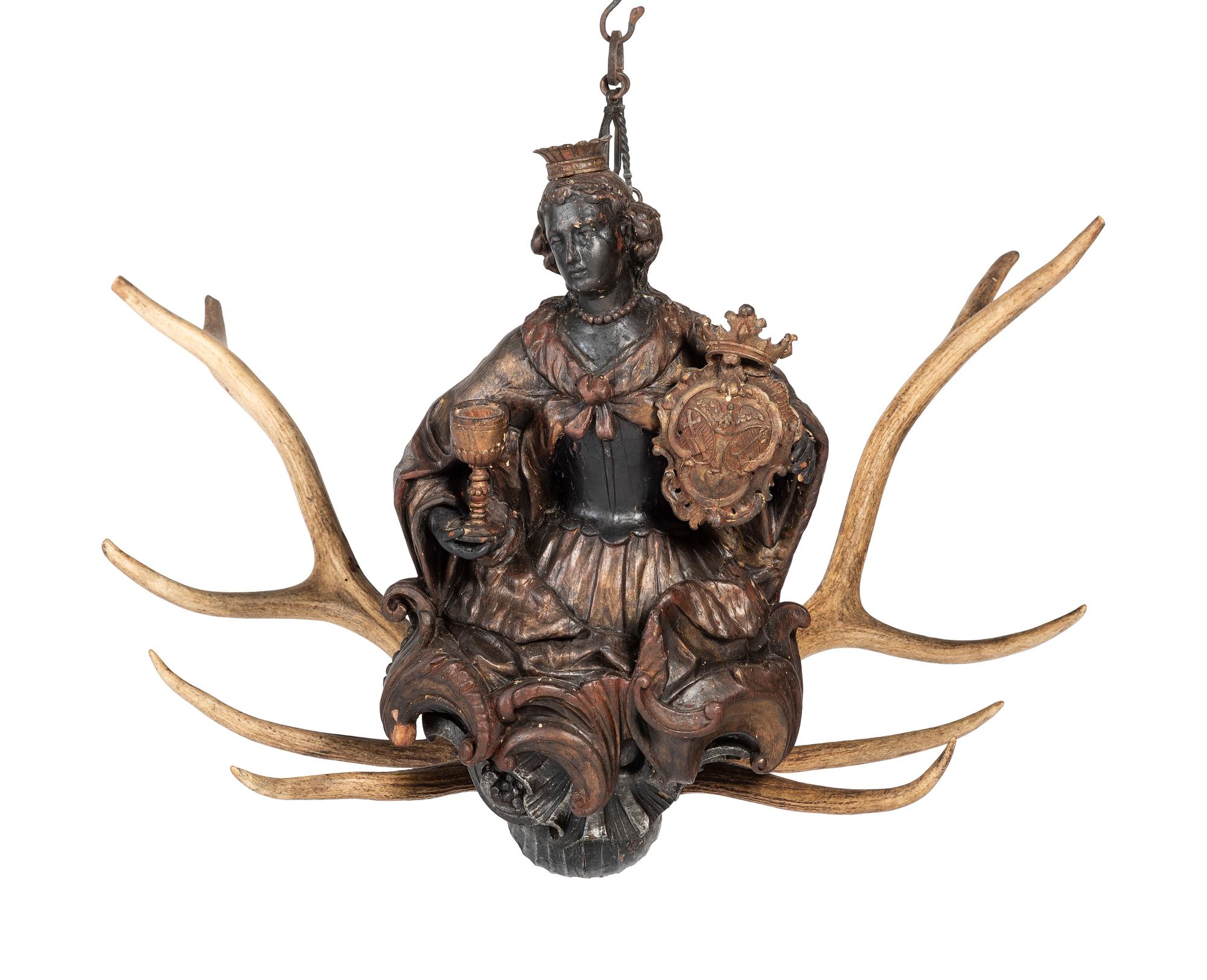 A Pair of Painted Wood and Antler-Mounted Lusterweibchen Chandeliers