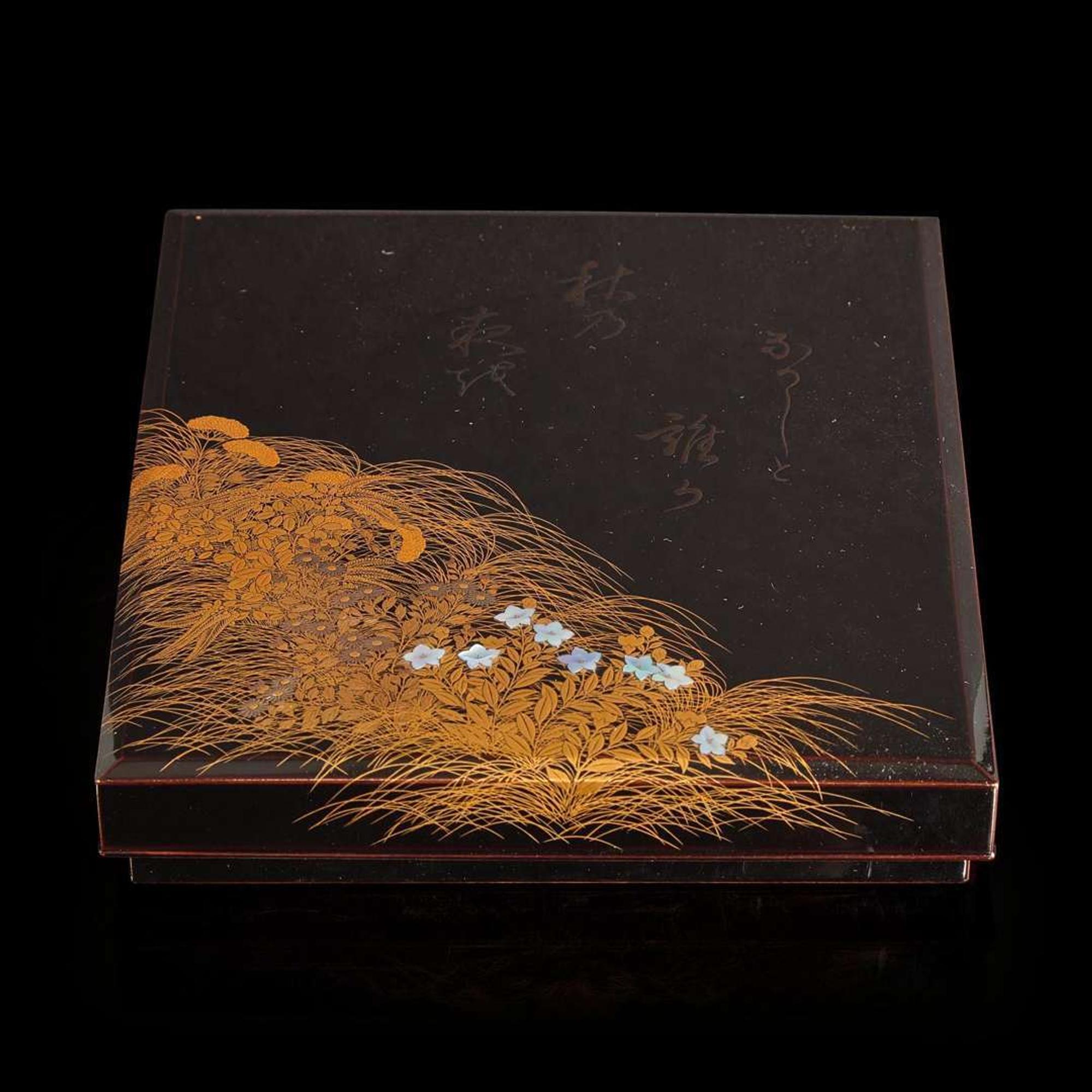 A Japanese lacquer writing box set with inlaid flowers and calligraphy, Suzuribako 日本时绘文具盒 19th/early 20th century ???????????