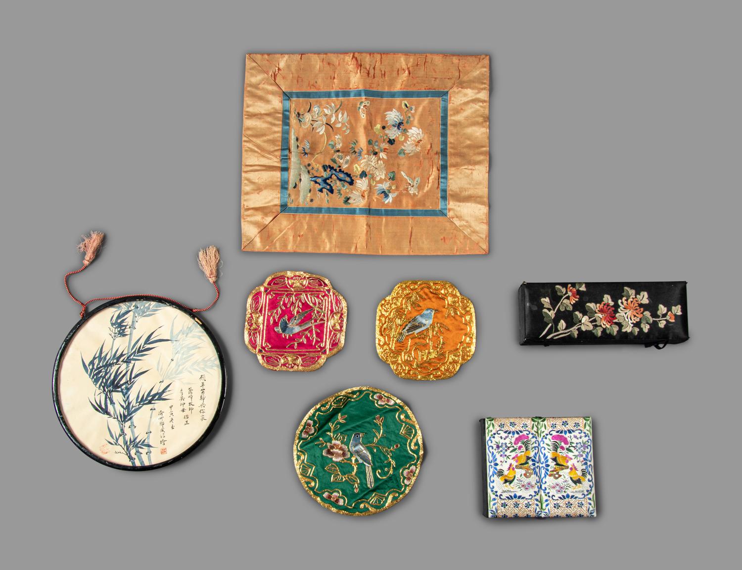 Six Chinese Embroidered Silk Articles and One Painting
