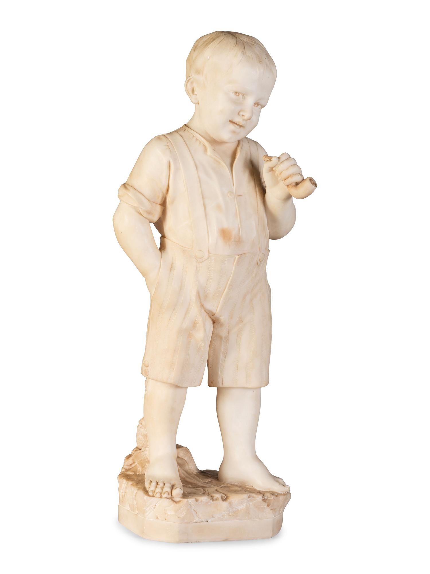 An Italian Carved Marble Figure of a Boy with Pipe