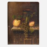 William Michael Harnett (American, 1848–1892) - Still Life with Egyptian Vase, Apples and Grapes on a Marble Top Console