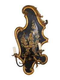 A Pair of English Japanned, Patinated and Gilt Metal Wall Sconces
