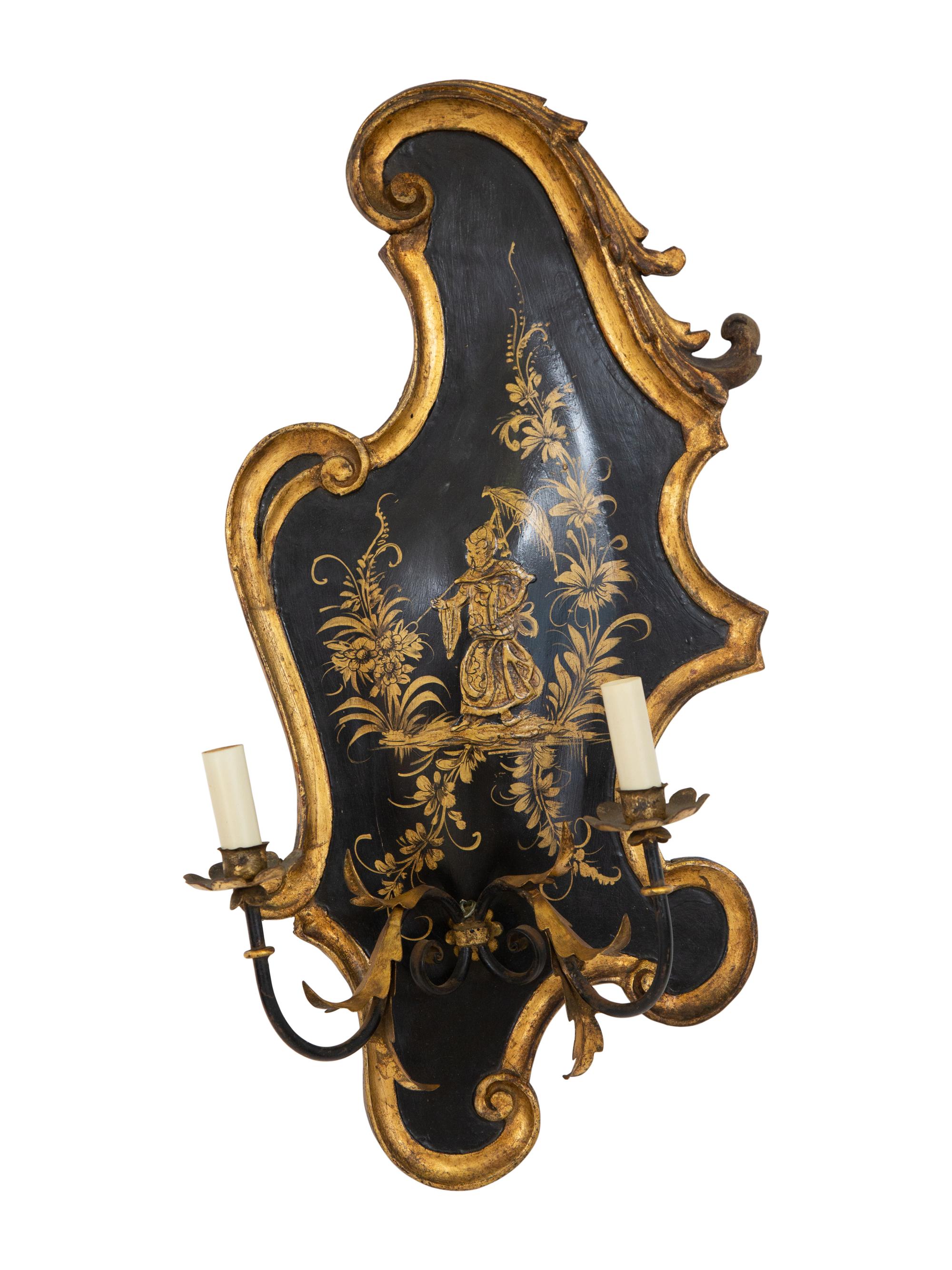 A Pair of English Japanned, Patinated and Gilt Metal Wall Sconces