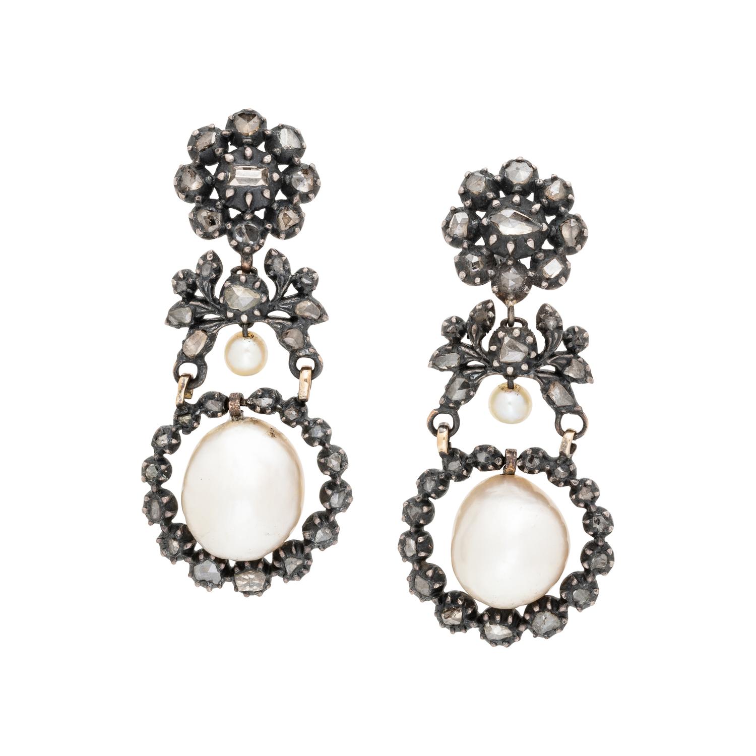 GEORGIAN, SILVER-TOPPED GOLD, NATURAL PEARL AND DIAMOND EARRINGS
