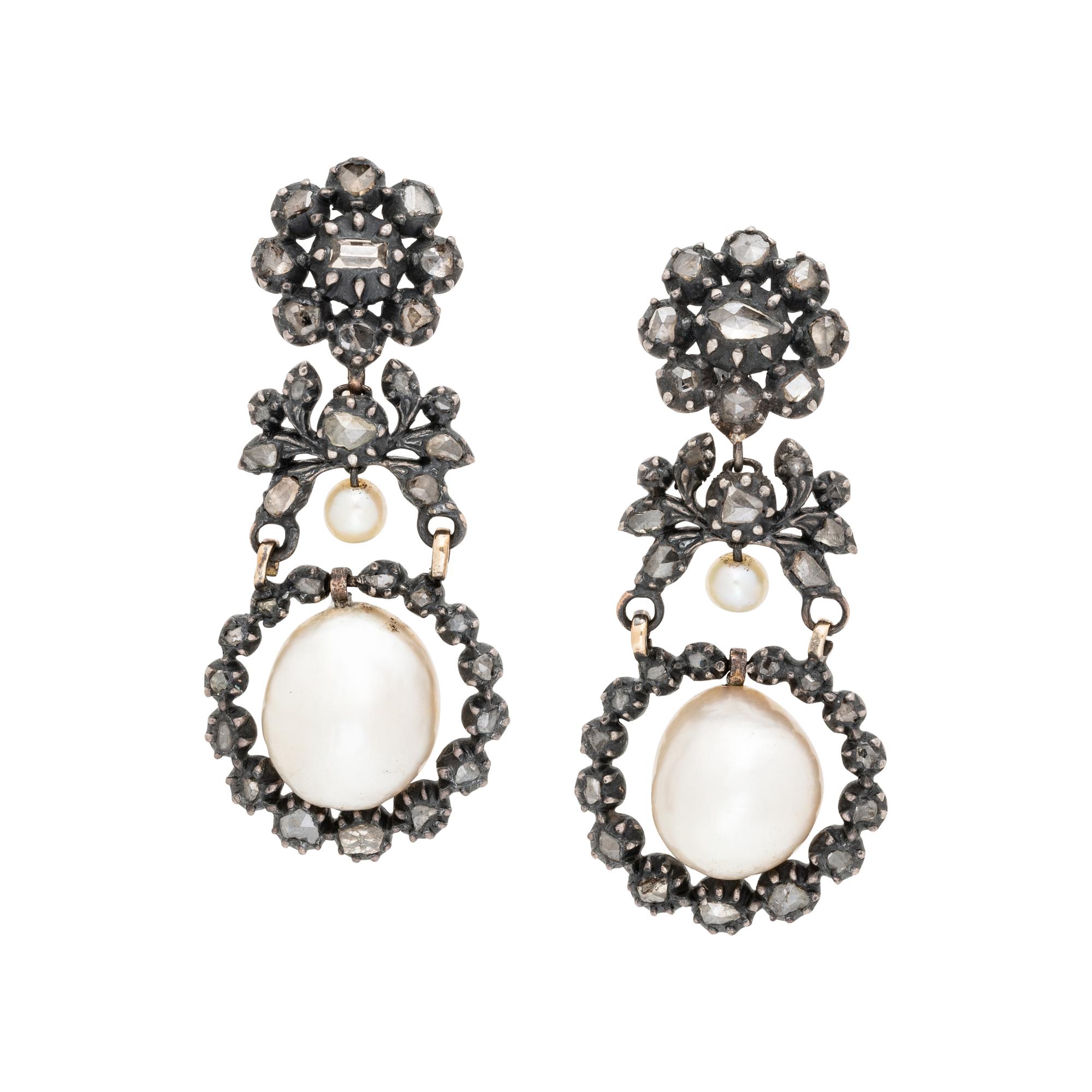 GEORGIAN, SILVER-TOPPED GOLD, NATURAL PEARL AND DIAMOND EARRINGS