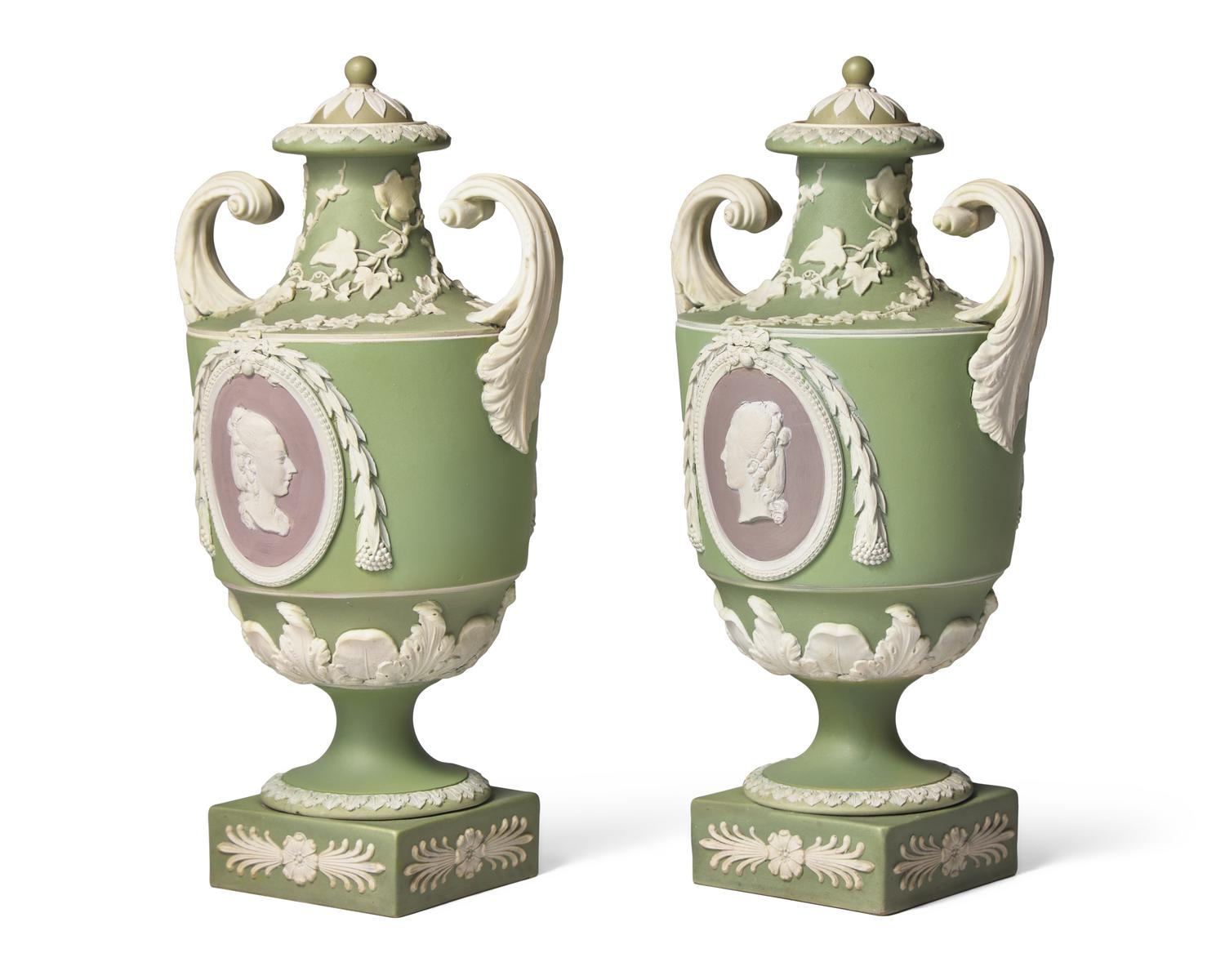 A Pair of Wedgwood Sage and Lilac Jasperware Twin Handled Urns