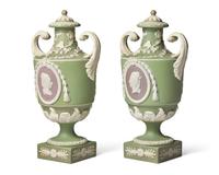 A Pair of Wedgwood Sage and Lilac Jasperware Twin Handled Urns