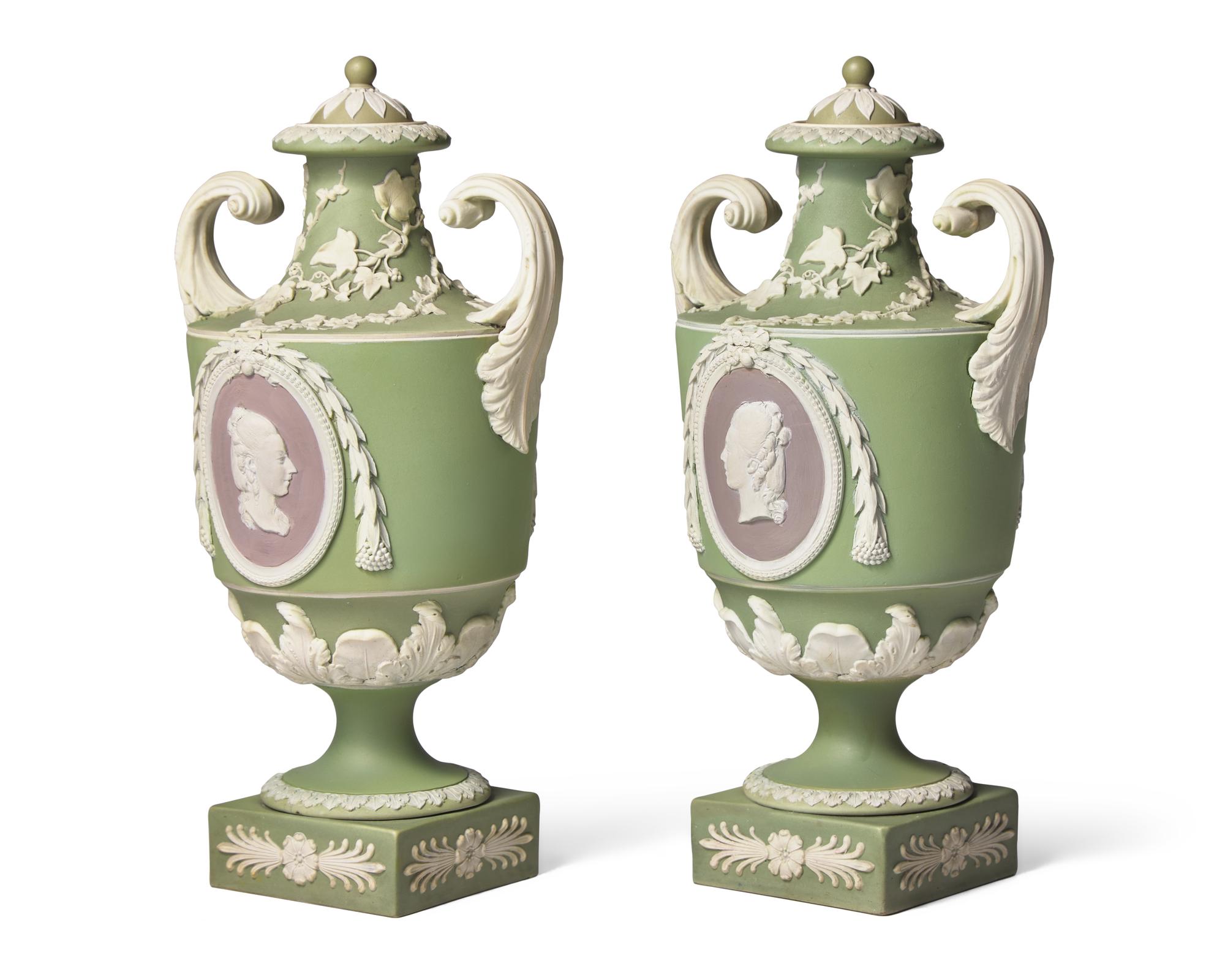 A Pair of Wedgwood Sage and Lilac Jasperware Twin Handled Urns