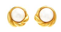 A Pair of 18 Karat Yellow Gold and Mabe Pearl Earclips, 13.30 dwts.