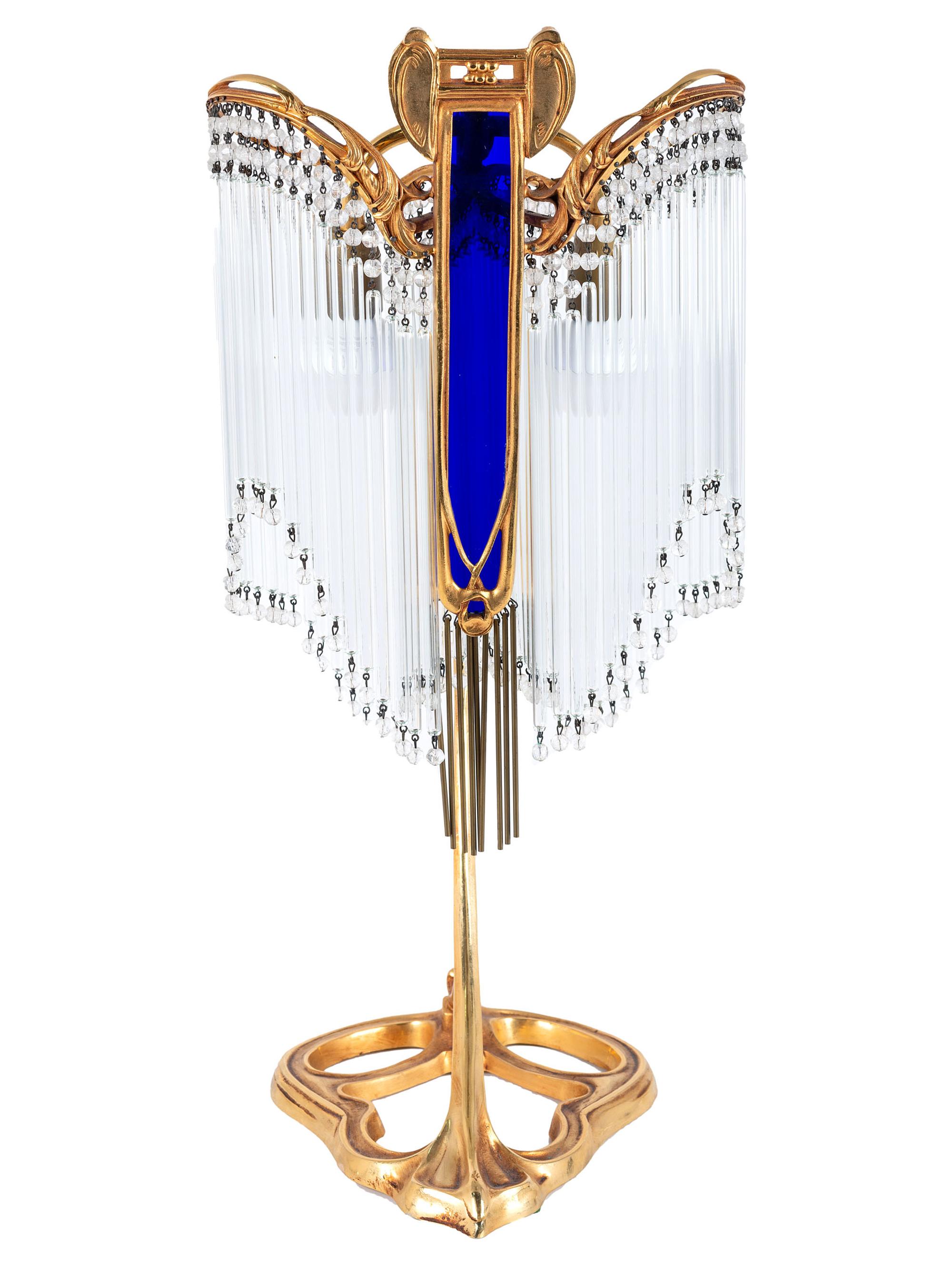 An Art Nouveau Gilt Metal and Glass Table Lamp, after Hector Guimard
