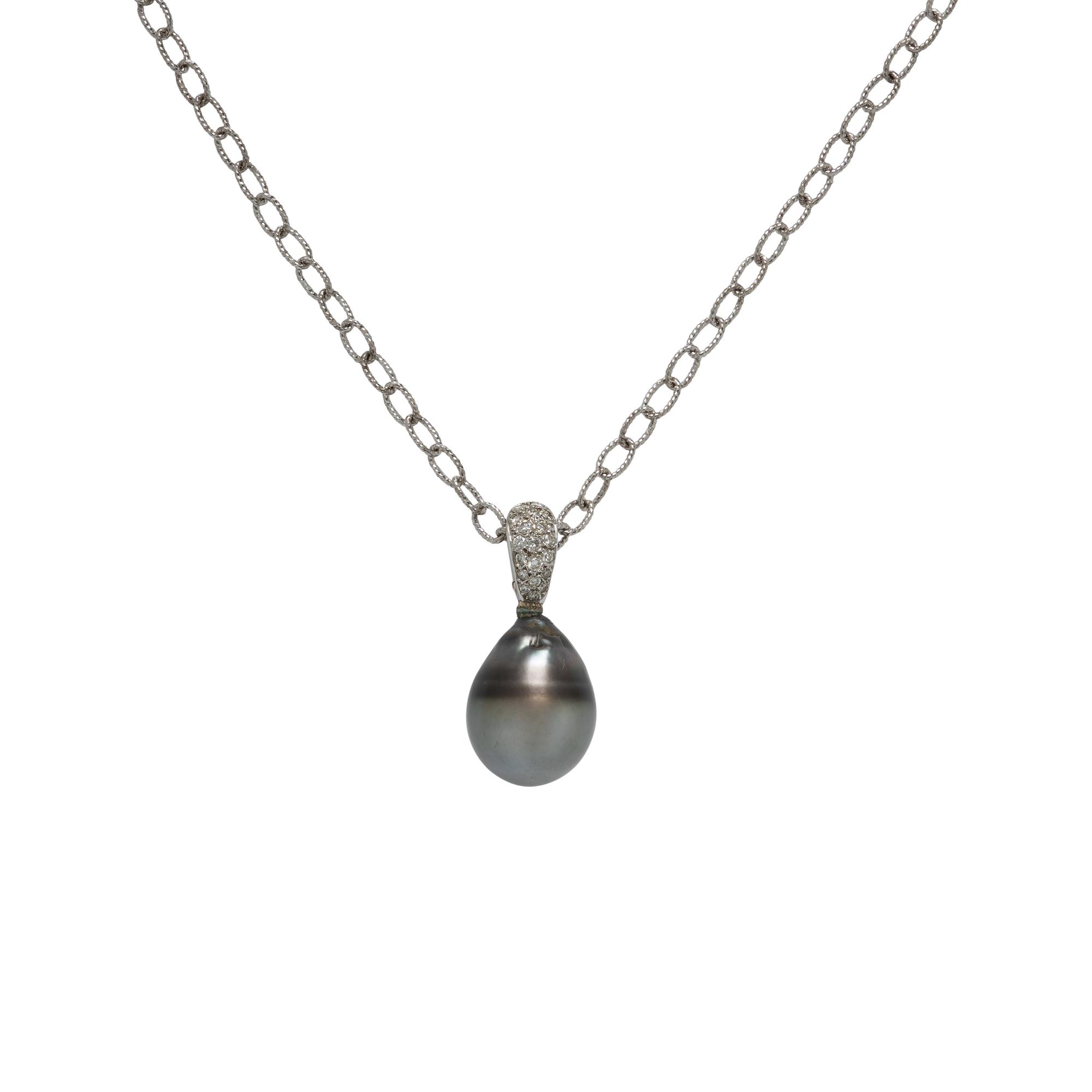 Cultured Gray Pearl, Diamond, and Platinum Pendant with Sterling Silver Chain