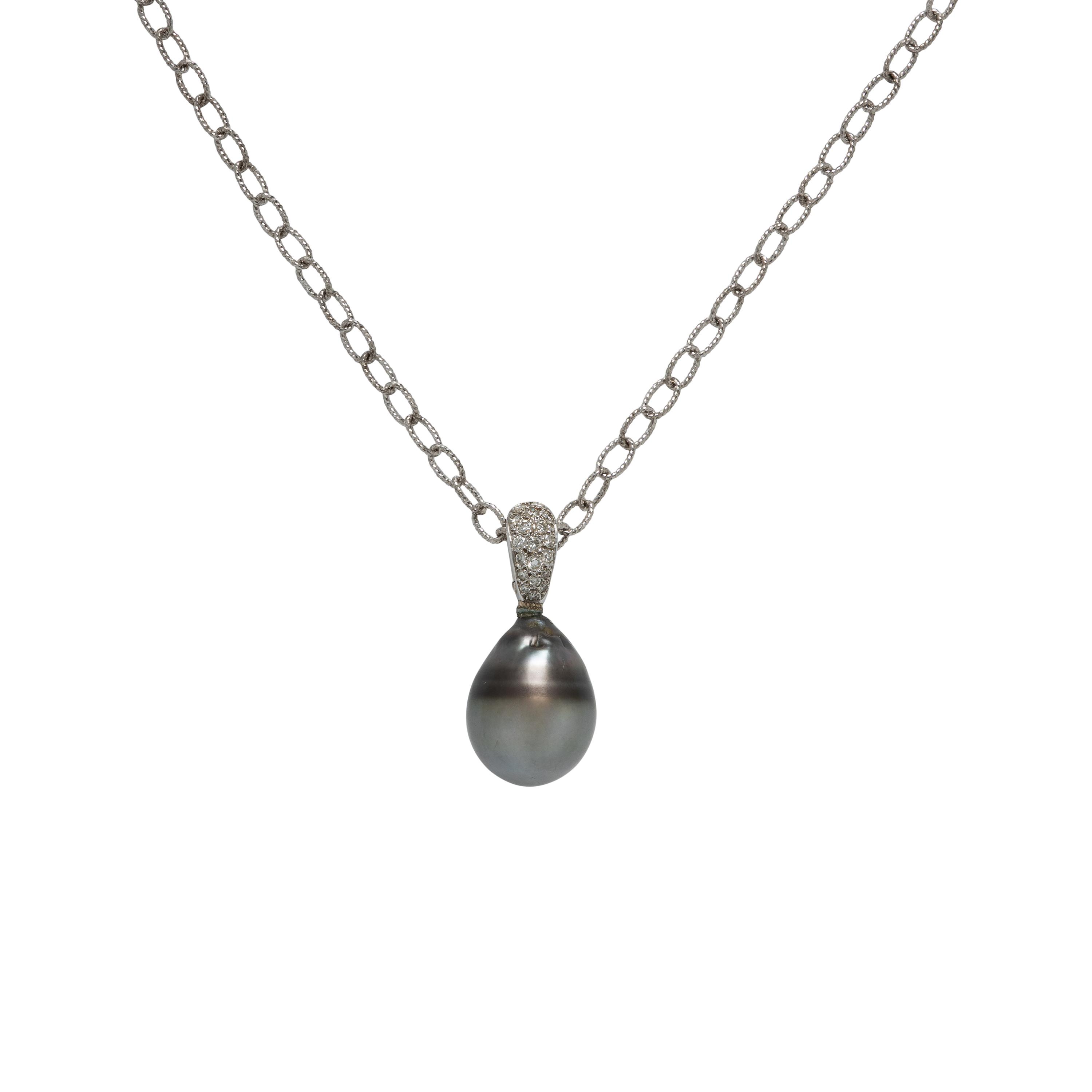 Cultured Gray Pearl, Diamond, and Platinum Pendant with Sterling Silver Chain