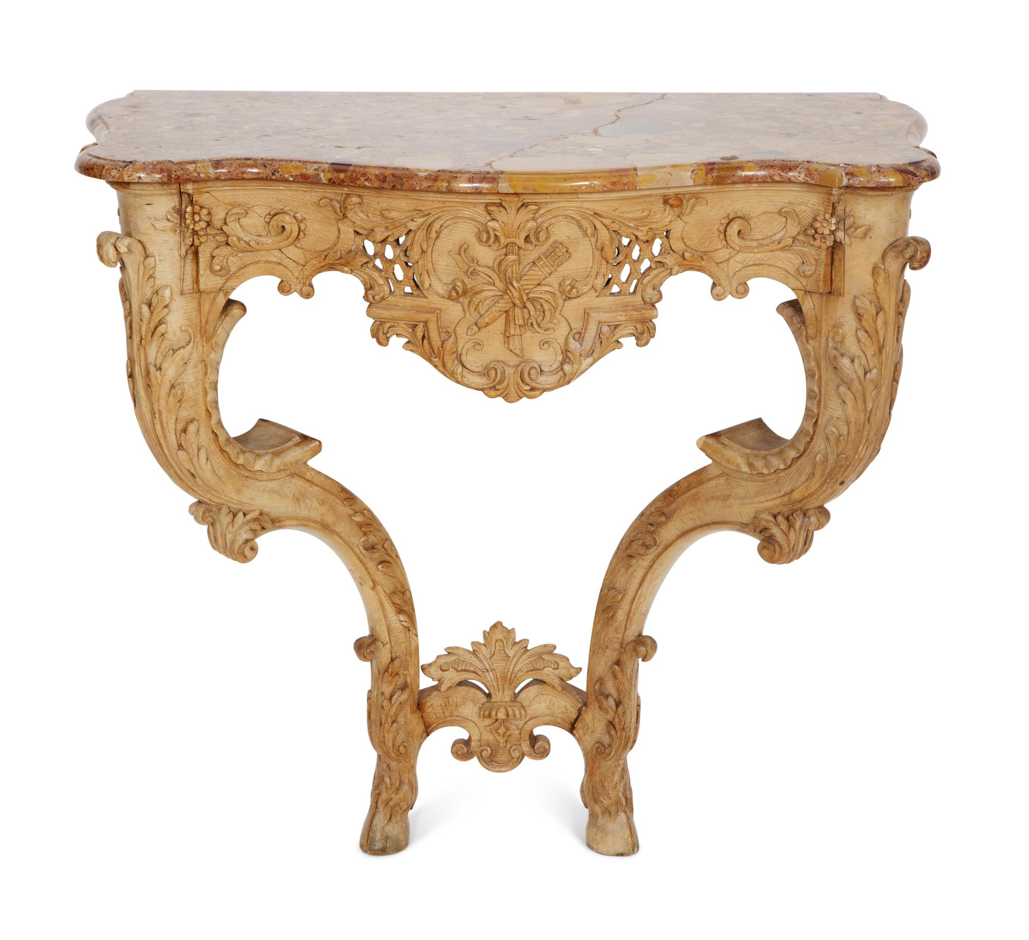 A Pair of Régence Carved Beechwood Marble-Top Console Tables