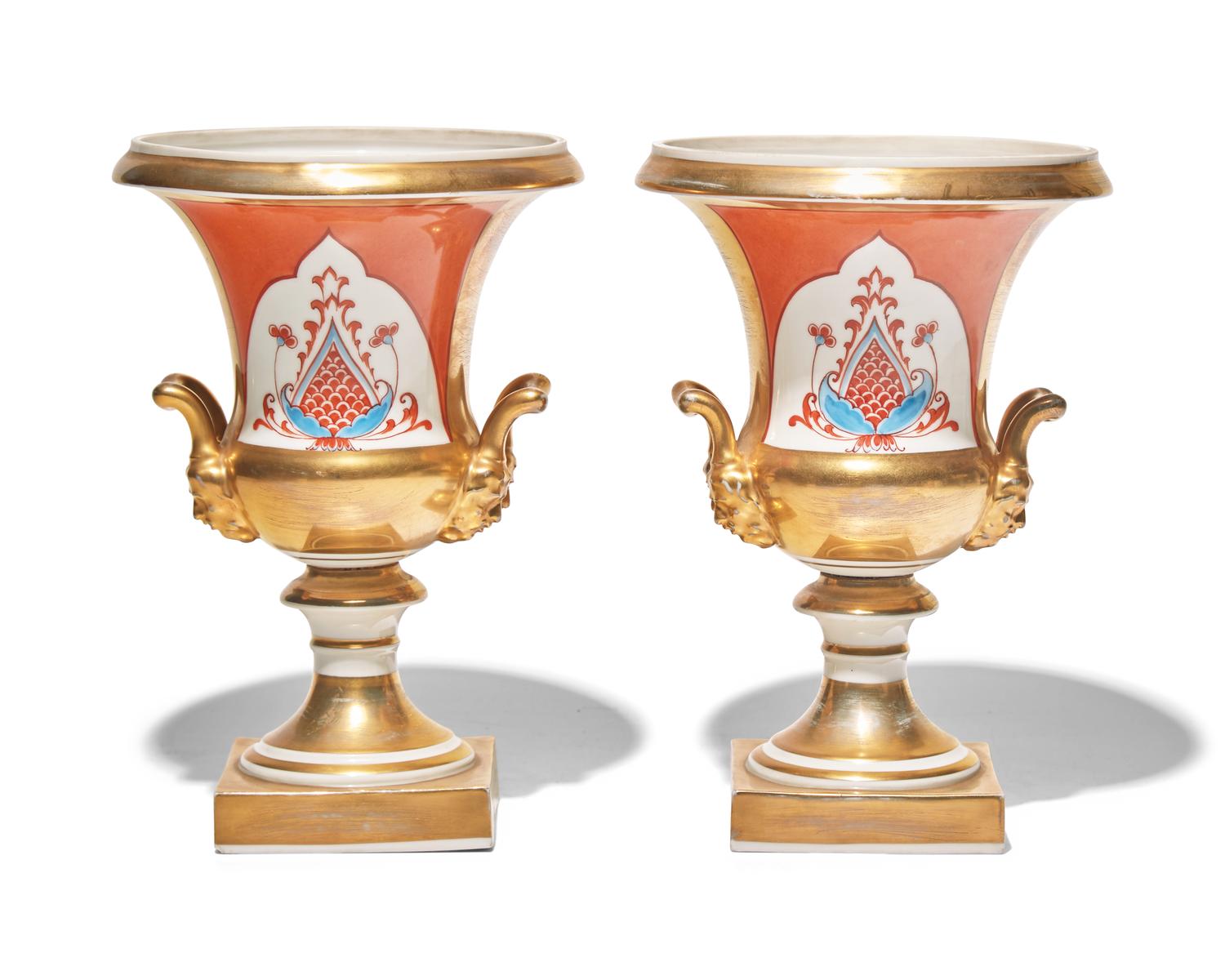 A Pair of Gilt and Enamel-Decorated Paris Porcelain Urns Bearing Portraits of George and Martha Washington
