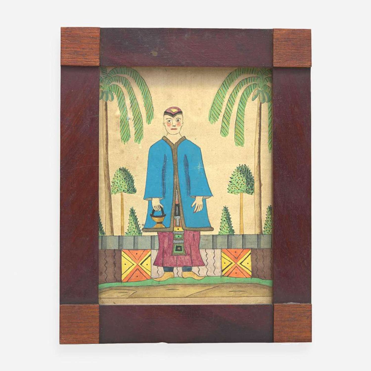A rare Schwenkfelder drawing: A Gentleman in Chinese attire, circa 1830 Attributed to the Exotic Scenery Artist, Montgomery County, PA, circa 1830