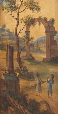 A Painted Canvas Three-Panel Floor Screen Depicting Ruins