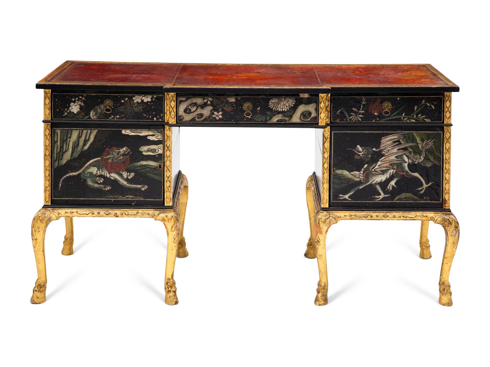An English Giltwood and Lacquer-Inset Pedestal Desk