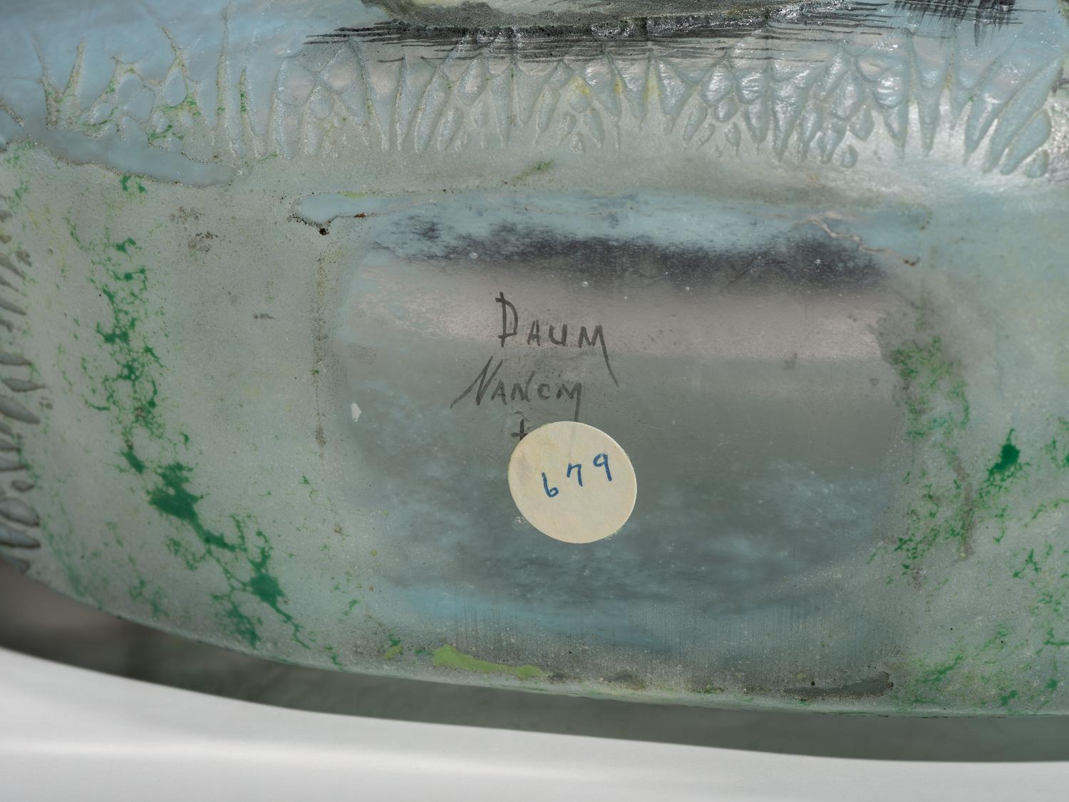 A Daum Enameled Glass Scenic Swan Vase