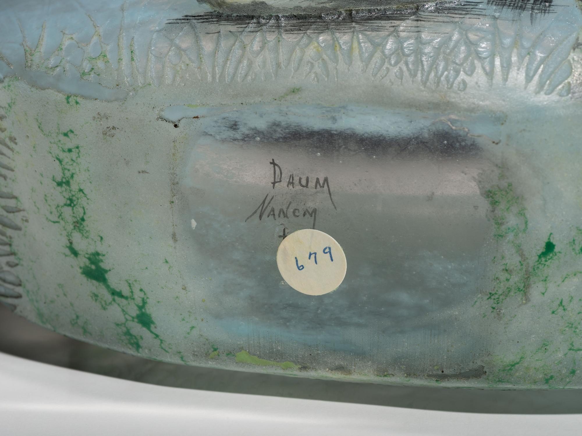 A Daum Enameled Glass Scenic Swan Vase