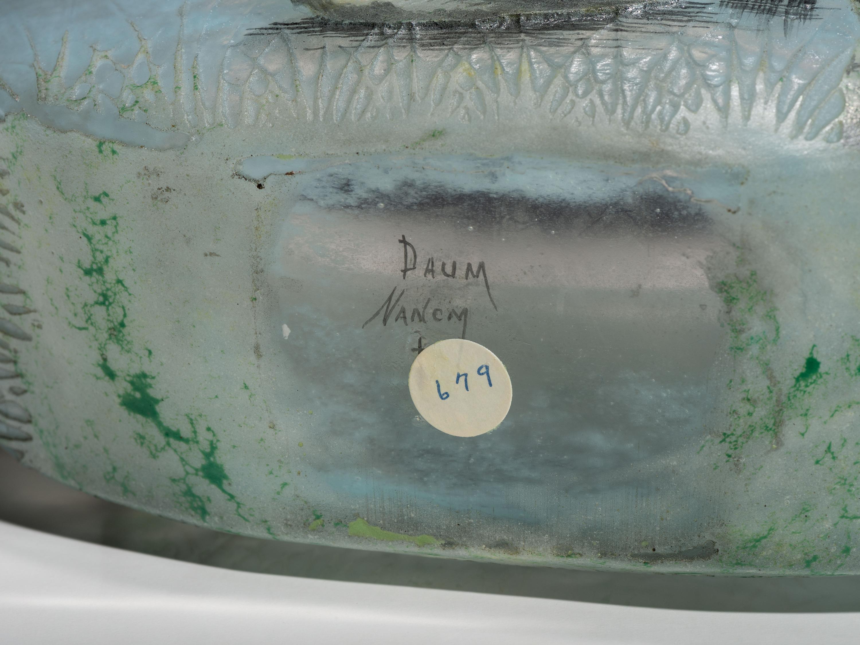A Daum Enameled Glass Scenic Swan Vase