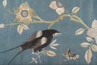 A Pair of Chinese Blue Ground Embroidered Silk 'Bird' Panels