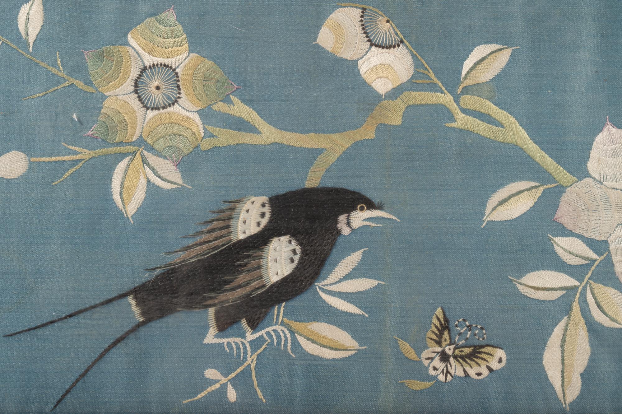 A Pair of Chinese Blue Ground Embroidered Silk 'Bird' Panels